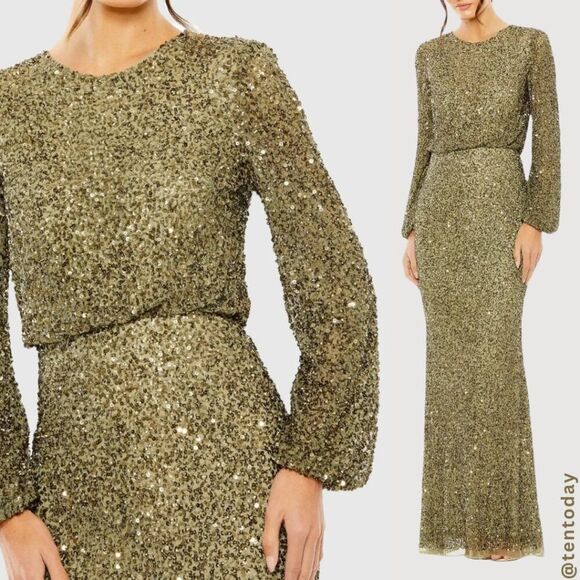 Mac Duggal 10044 Size 8 Olive Green Sequin Beaded Long Sleeve Maxi Gown Dress - Picture 1 of 4